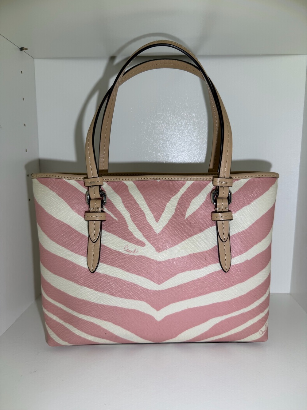 Coach Pink and White Zebra-Print Canvas Mini Tote with Tan Leather Trim - Picture 2 of 7